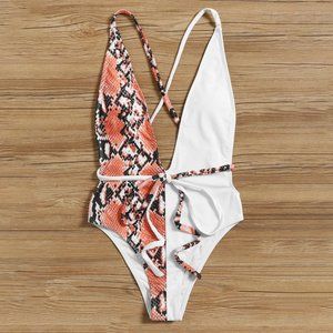 SHEIN Snakeskin Deep V Open Back One Piece Swimsuit